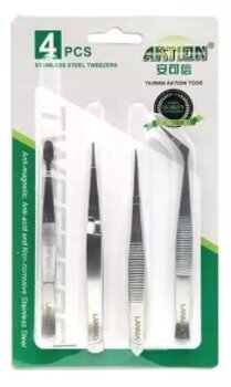 Kit Com 4 Pinças Tweezers 1Reta/ 1Curva/1 chata /1 Inversa