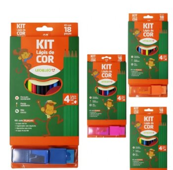 Kit Lápis De Cor Leo Leo 18 Peças 12 Cores 4 HB Preto 1 Apontador e 1 Borracha